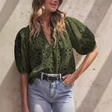 Pbong  Fashionable Casual Lace Embroidery Women's Shirt V-Neck Button Hollow out Lantern Sleeve Summer Top Cross-Border Clothing