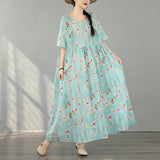 Pbong  Bohemian Print Maxi Dress High Waist Short Sleeve round Neck plus Size Summer Fashion Simple Elegant Women's Clothing