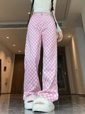 Pbong  Women Pink Plaid Pant High Waist Loose Vintage Korean Wide Leg Trousers Casual Pockets Sweet Female Retro Summer Pants New