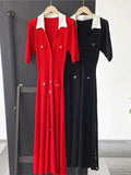 New Red Knitting Long Dress Summer Turn Down Collar Fashion Women Dress Puff Sleeve Single Breasted Elegant Chic Vestido