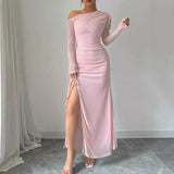 Autumn Long Sleeve Dress Women Pink Mesh Maxi Dress 2024 New Arrivals High Slit Bodycon Party Dresses Women