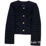 Ladies Short Jacket 2025 Spring Autumn Navy Blue Small Fragrance Lady Outerwear Korean Version Temperament Women's Short Tops