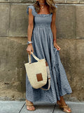 Pleate Loose Retro Sleeveless Checkere Dress Summer Fashion Women's Bohemian Casual Large Hem Dress Slip Dress Beach Sundress