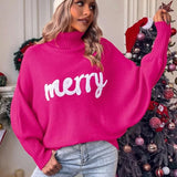 Pbong  Christmas Fashion Autumn Winter Knit Sweaters Turtleneck Sweater Women Elegant Merry Letter Print Long Sleeve Pullovers Female