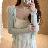 Lace Trim Tie Up Knit Top for Women Sheer Knitted Crop Cardigan Long Sleeve Open Jacket Teen-girl Y2K Sweetgirl Cute Outfit