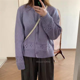 Pointelle Cardigan Women Long Sleeve Crew Neck Button Down Knit Sweater Jacket Autumn Winter French Chic Outfit