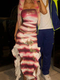 Pbong  Women Halloween Shark Tale Lola Costume Dress Y2k Anime Side Split Ruffle Hem Maxi Dress Fish Strapless Tube Cosplay Maxi Dress