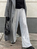 Pbong  Women Sequin Wide Leg Pants Stretchy High Waist Loose Straight Trousers Club Party Elegant Long Pants Streetwear