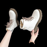 New Fashion Thick Sole Women's Boots Large Size Women's Shoes Black Keep Warm Fleece Platform Lace-up Ankle Boots 4875