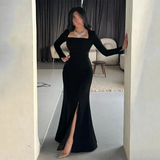 Saudi Arabic Mermaid Prom Dresses 2025 Women's Black Square Collar PartyDress Evening Gown Sexy Slit Formal Gown