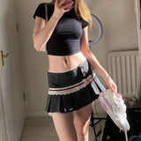 American Sweet Constrast Color Pleated Skirts Y2k Aesthetic Harajuku Punk Side Buttons Short Skirt Vintage Striped Girl Bottom