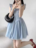 Pbong  Sweet French Blue Dress Women Elegant Lace Patchwork Retro Sexy Mini Dress Casual Square Collar Flying Sleeve Vestidos New
