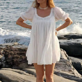 Pbong  Casual Loose White Mini Dress Women Summer Short Sleeve O-neck Lace Short Dresses Elegant
