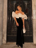Women Strapless Satin Patch Ruffles Long Dress Sexy Off Shoulder Backless Sleeveless Maxi Dresses Female Evening Party Lady Robe