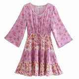 Pbong  Floral Vintage Mini Dress Pink Holiday Boho Women Dress  Flare Sleeve Summer Holiday Ladies Female Sexy Dresses