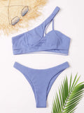 Rib One Shoulder Bikini Set Thong Swimsuit Women Solid Padded Swimwear Female Sexy Bathing Suit Swimming Summer Beachwear