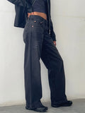Straight-leg High Waist Jeans Women  New Leg Pockets Pants Y2k Long Denim Trousers Vintage Grey Washed Jeans