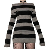 Pbong  Women Autumn Dress Striped Boat-Neck Long Sleeve Bodycon Short Dress Y2K Gothic Wrapped Hip Party Dresses