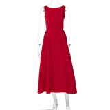Pbong  Elegant Fashion Women Sexy Evening Party Night Club A-Line Backless Red Dress Long Summer Holiday Chic Casual Dress
