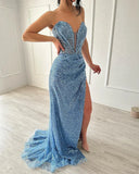 Pbong  Light Blue Vestidos Noche Heart Neck Mermaid Glitter Prom Dresses Elegant Floor-Length Side Formal Evening  Spar formal dress
