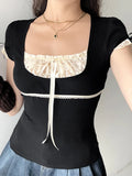 Sweet Y2K Contrast Lace Patchwork Square Collar Black T-Shirt Women Short Sleeve Basic Balletcore Cute Summer Tops