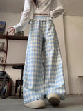 Pbong  Sweet Blue Plaid Pants Women Lace Patchwork High Waist Trousers Korean Fashion Loose Female Spring Elegant Wide Leg Pants