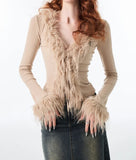 Korean Sexy Fashion Grunge Cardigan Y2k Aesthetic V-neck Jacket Women Harajuku Vintage Bandage Fur Patchwork Coat 2025 Autumn