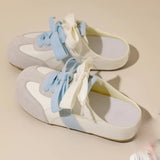 Pbong  Women Spring Summer Dual Lace Suede Backless Mule Sneakers Round Toe Slip on Gum Sole Vintage Casual Walking Flat Slide Shoes