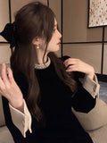 Sweet Woman Party Dresses Korean Vintage Velvet Black Dress Patchwork Robe Elegant Clothes All Match Pearl Vestidos Mujer