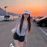 Sweet Blue Plaid Puff Sleeve Women Cropped Shirts Square Collar Korean Fashion Ruffle Blouses Slim Aesthetic Summer