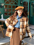 Vintage Faux Woolen Plaid Coat Women Fall Winter Long Sleeve Sweet Jacket Retro Preppy Style Korean Elegant O Neck New Tops