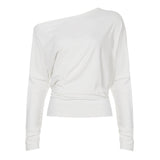 y2k Tops for Women Aesthetic Clothing Solid Color Oblique Neck Long Sleeve Crop T Shirts 2000s Clothes Streetwear