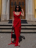 High Quality Summer Elegant Maxi Chiffon Dress Woman  Trendy Square Neck Long Ruffle Party Evening Dress Red