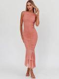 Mesh Backless Ruffle Sexy Maxi Dress Women Gown Two Layer Fabric Fashion Sleeveless Ruched Bodycon Club Long Dress