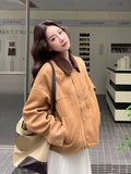 American Faux Suede Jacket Women Retro Loose Streetwear Y2K Coat Casual Fall Winter Long Sleeve Pockets Female Vintage Tops