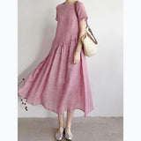 Pbong  Summer New Women's Short Sleeve Linen Dress Comfortable Casual Cotton Linen Midi Skirt Commute Artistic Style Loose Waist