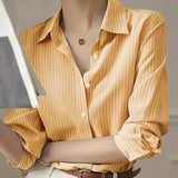 Pbong  Elegant Long Sleeve Loose Shirt Women  Autumn Fashion Turn-down Collar Striped Print Blouses And Tops