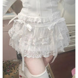 Sweet Kawaii Skirts Women Lolita Coquette Lace Bow Patchwork Mini Skirt White High Waist Cute Summer A-line Short Skirt