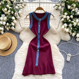 Pbong  Chic Fashion Sexy Package Hips Knitted Mini Dress Summer Vintage Denim Patchwork Ruffled Party Dress Streetwear