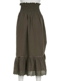 Sweetown Retro Green Vintage Grunge Long Skirts Womens Shirring Tie-Up Lace Trim Low Waist A Line Y2K Skirt Cute Holiday Outfits