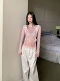 Designer Pink Long Sleeve T Shirt For Woman Fall 2025 Lace Print Funny Tees Cute Mesh Top Kawaii Clothes