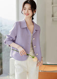Elegant Slim Purple Jacket Women Sweet Long Sleeve Small Fragrance Coat Casual Fall Winter Lady French Pockets Fashion Tops
