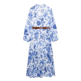 Blue Flower Print Fashion Long Dress Ruffle V-neck Lantern Sleeve Chic Spring Dress With Belt Vacation Beach Vestidos