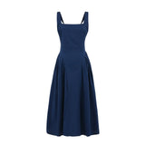 French Retro Style A-line Backless Strap Dress Solid Color Eleagant Chic Square Collar Party Dress 2025 New Female Vestidos