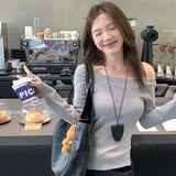 Sexy Pullovers Women Off Shoulder Cropped Knitted Basic Clothes Autumn All-match Side Slit Simple Tender Slim Gentle Seductive