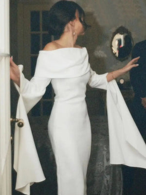 White Sheath Off-The-Shoulder Prom Dress Floor-Length Long Sleeves Evening Dress Wedding Party Dress Elegant Dresses