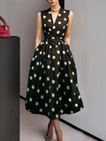 Pbong  Summer Polka Dot Print Long Dresses For Women Fashion Sleeveless V-neck Slim Dress Elegant