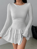 Pbong  New Autumn Winter Solid Color Cascading Ruffles Mini Dress Women Elegant Flare Sleeve High Waist Sexy Party Bodycon Dresses