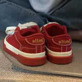 Pbong  Women Vintage Red Canvas Low-top jogging Sneakers Casual Letter Embroidery Skateboard Shoes Students Flat outdoor trainers