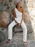 Fashion White Pant Sets Women's Sleeveless Slanted Shoulders Back Hollow Vest Lace Up Casual Trousers Two Pieces Set Lady